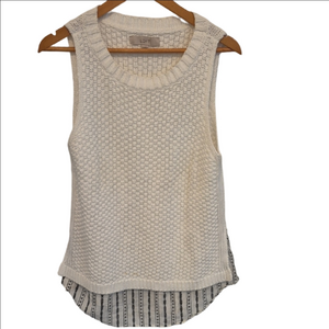 LOFT Anne Klein Ivory Textured Cotton Knit Geo Tank Top With Silk Trim